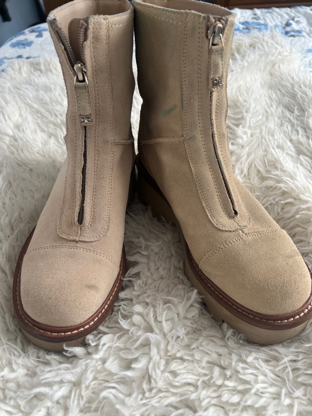 Women’s Sam Edelman Beige Suede Front-Zip Ankle Boots